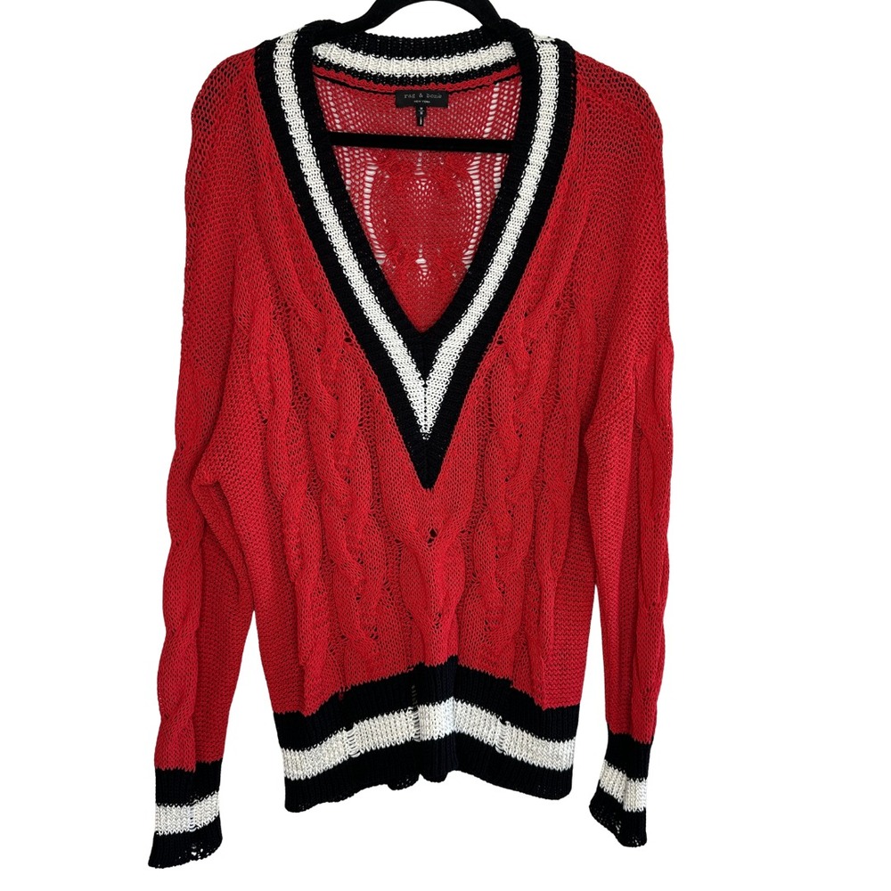 Rag & Bone Red Open Knit Cable Varsity V-Neck Sweater Mens Medium Striped Trim - Picture 2 of 8